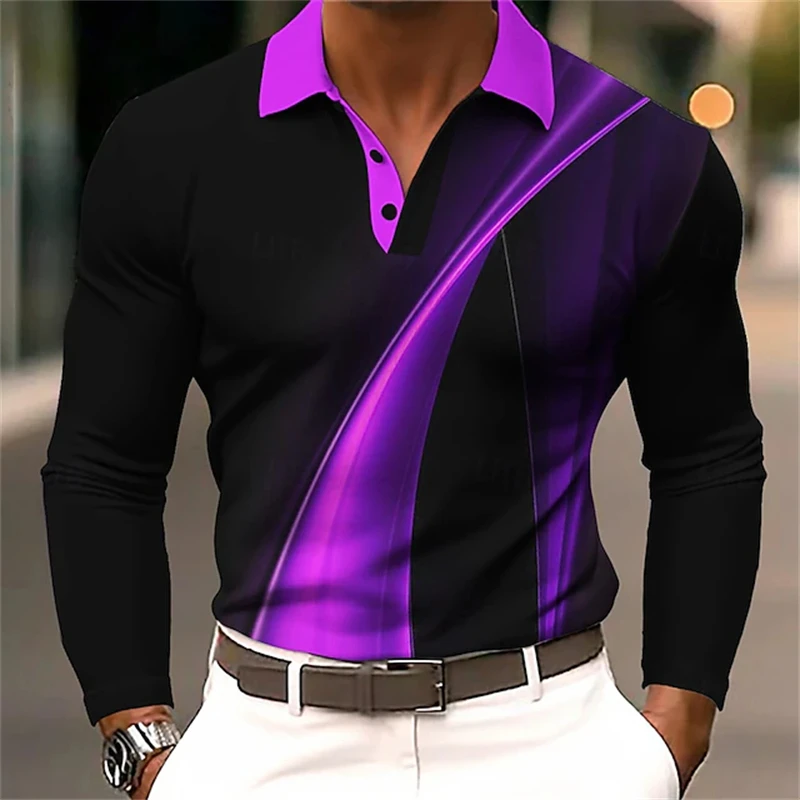 

New Fashion Men's Long Sleeve Polo Shirt 3D Printing Geometic Lines Printed Casual Tops Fall Winter Polo Shirt For Men Clothing