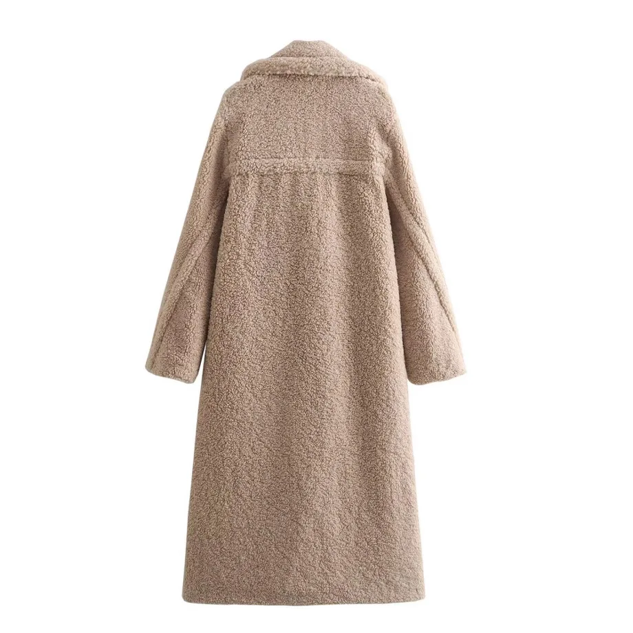 Abrigo largo grueso de piel Artificial para mujer, chaqueta de cordero lisa con bolsillos y doble botonadura, abrigo térmico empalmado para mujer