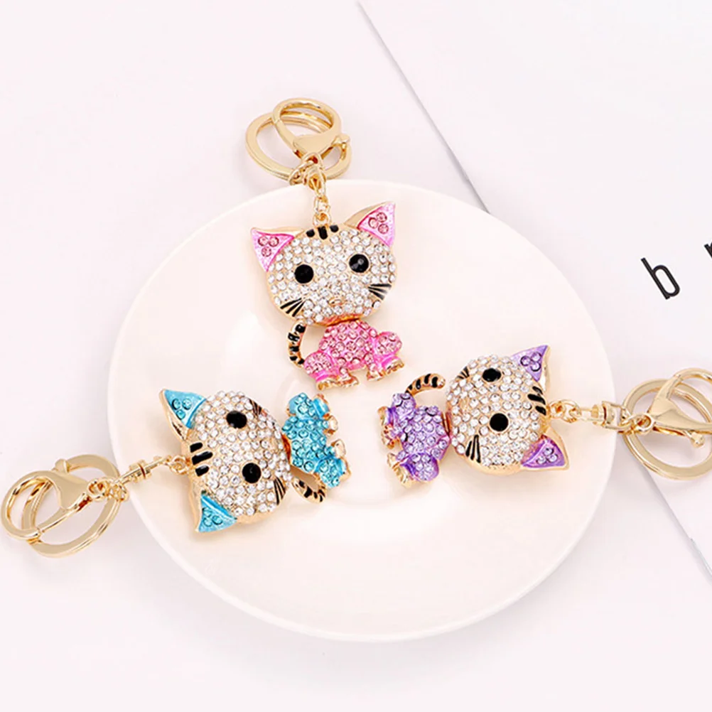 3 Pcs Cat Keychain Festive Gift Pendant Rhinestone Bags Decorations Animal Design Luggage Metal