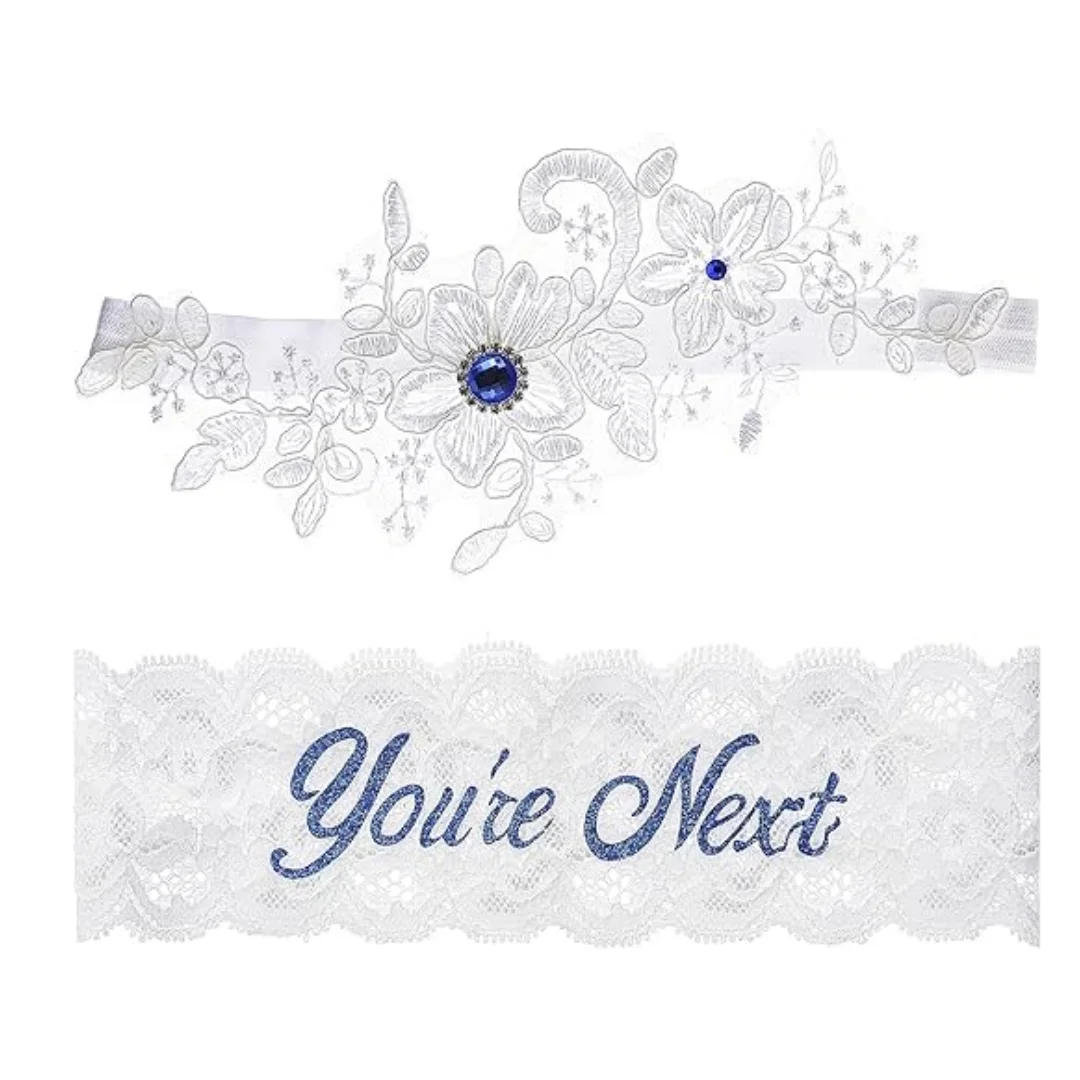 2Pcs Bridal Wedding Garter Rhinestones Blue Wedding Garter for Bride White Lace Floral You're Next Garters for Bride Women