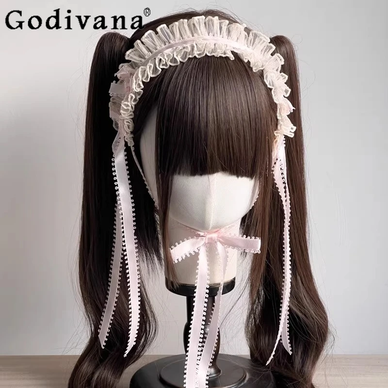 

Lolita Silk Pink Headbands for Women Original Handmade Daily Lace Headwear Girls Sweet Cute Party Headband Accessories