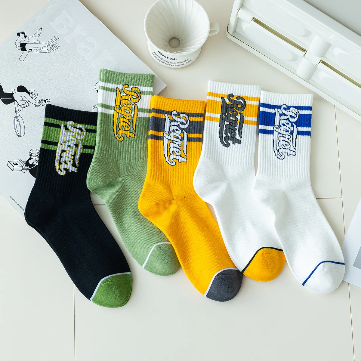 

3 Pairs Letter Jacquard Striped Punk Couples Short Socks Bar Indoor Fitness Cotton Short Hosiery Personalized Gym High Quality