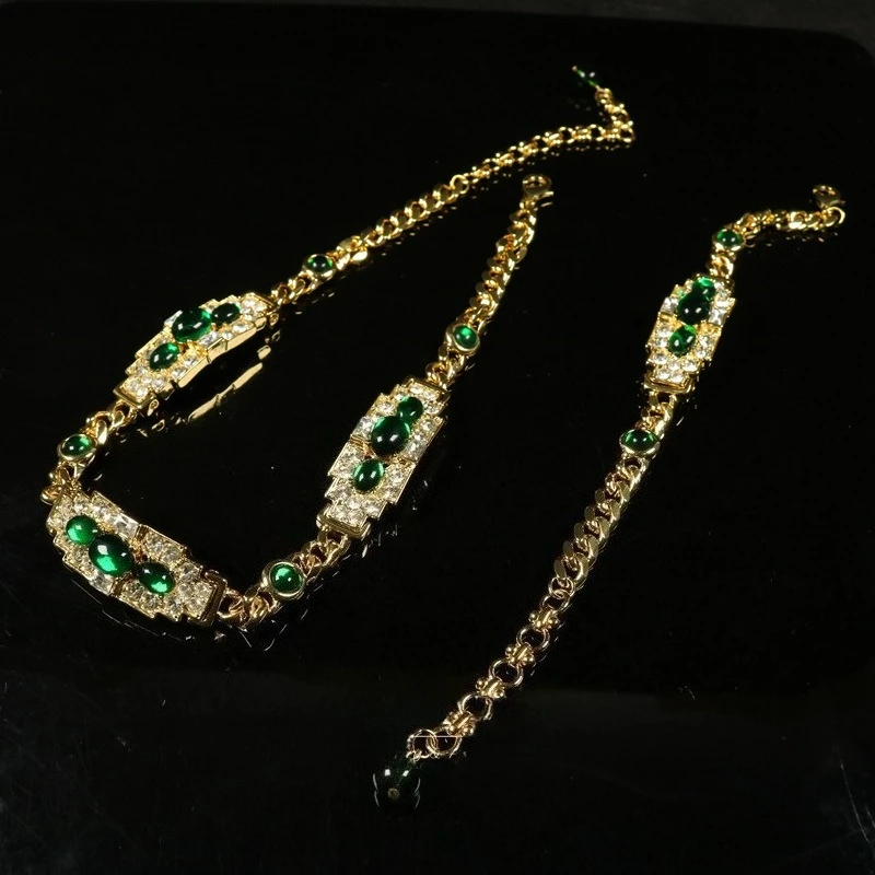 Trendy Emerald Baguette Diamond CZ Necklace Bracelet Set Micro Pave Green Zircon Link Chain Fashion Women Jewelry Party Gift