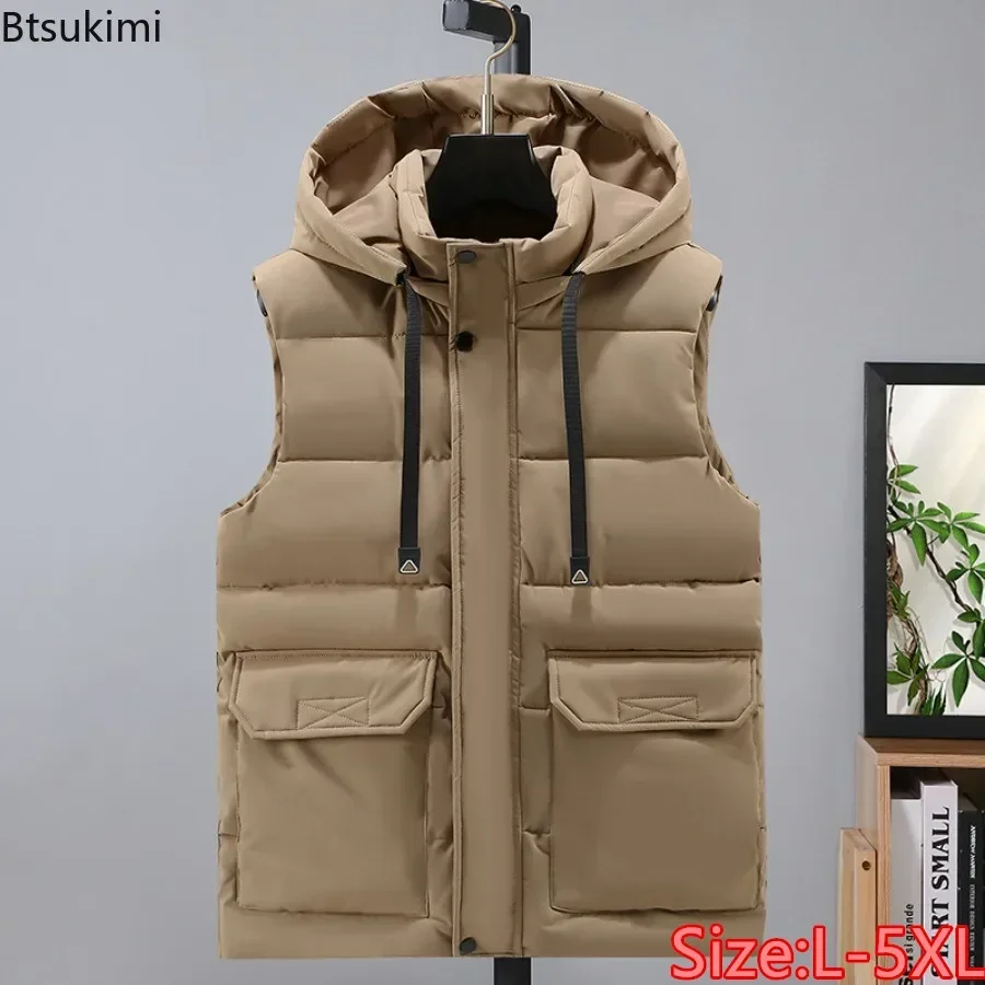 

2025 Men's Autumn Winter Hooded Vest Fashion Zipper Stand Collar Warm Cargo Waistcoat Men Cotton-padded Sleeveless Jackets L-5XL