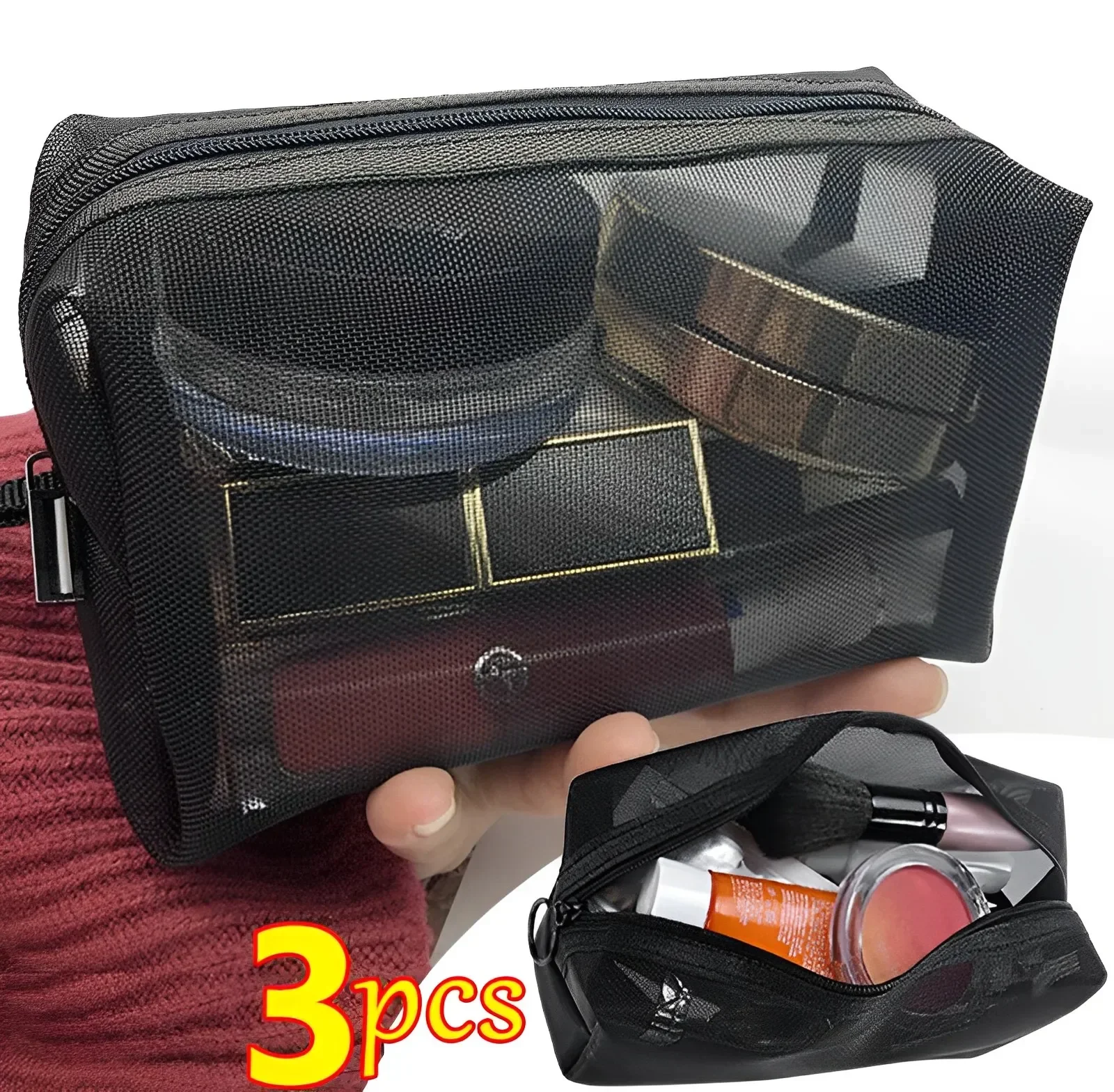 Sac à cosmétiques Transparent en maille Portable, étui de maquillage pour femmes, organisateur de maquillage à fermeture éclair de voyage, sac de rangement de toilette et de beauté, pochette