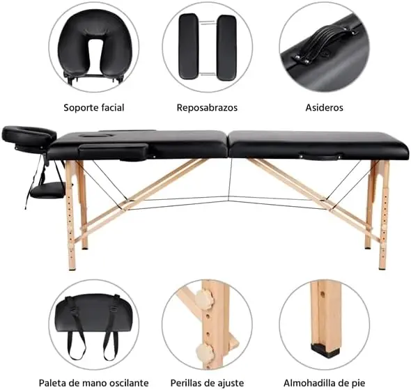 Masaje Portátil de 2 Zonas Plegable Camilla Estética de Madera de Haya Capacidad 250 kg para Fisioterapia Altura Ajustable Apoya