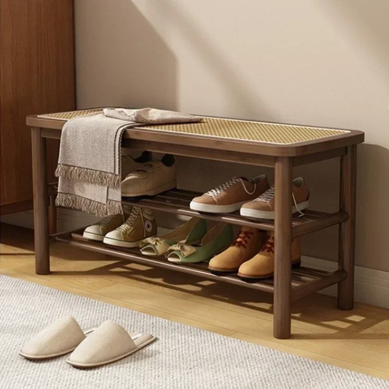 Multi-functional Solid wood shoe changing stool household entry shoe stool rattan woven stool entrance shoe rack