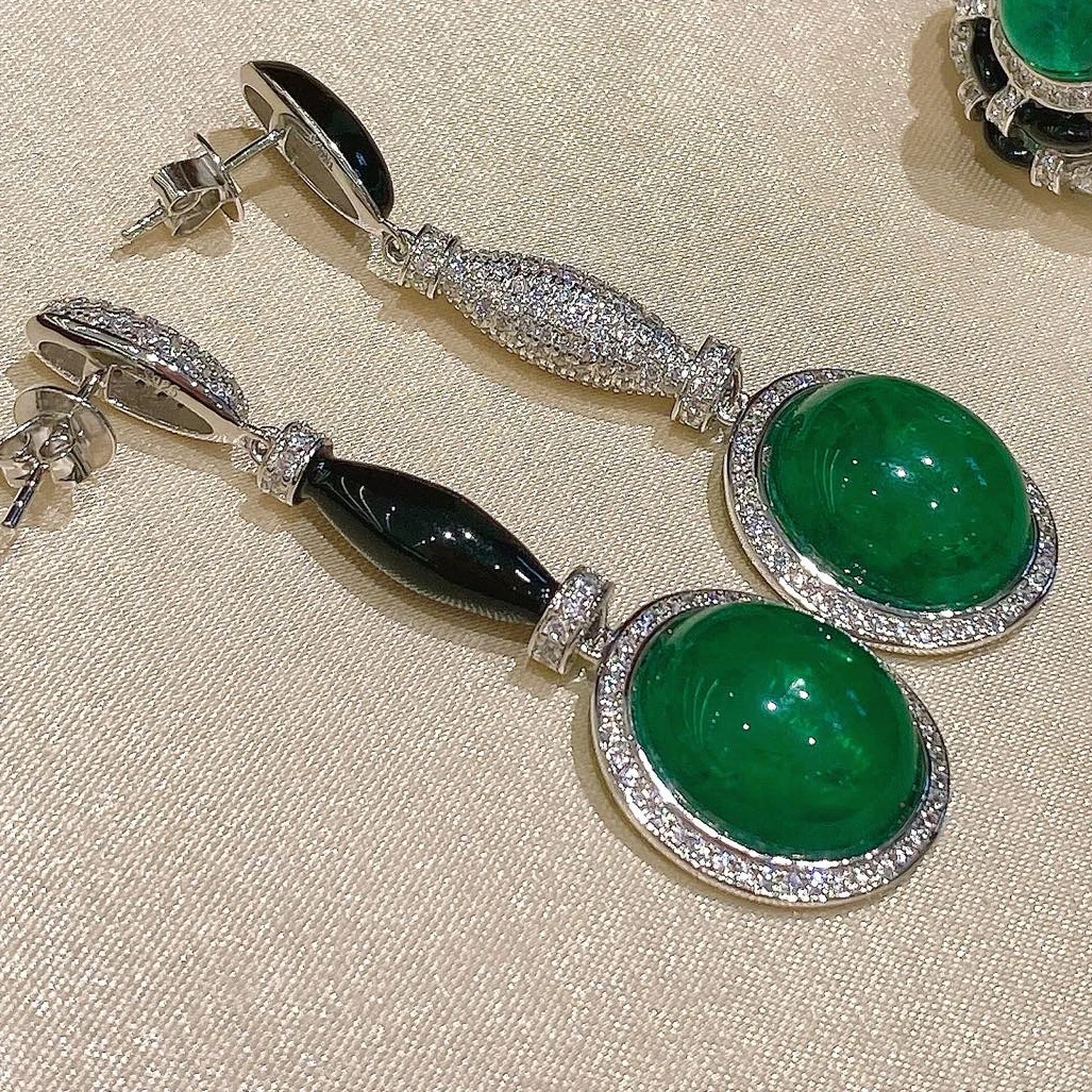 KQDANCE Luxury Solid 925 Sterling Silver Created Green Pearl Gemstones Black Enamel Drop Earrings with Big Stone Fine Jewelry