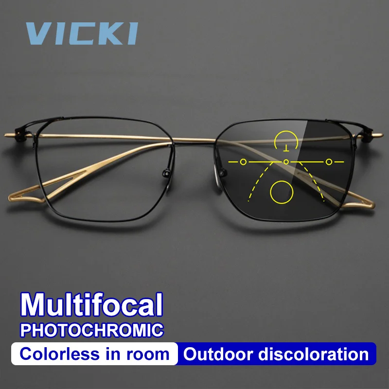 VICKI Titanium Frames Business-Style Progressive Multifocal Men's Photochromic Anti Blue-ray Glasses Customizable Prescription
