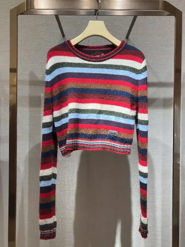 

Высококачественная трикотажная цветная полосатая футболка Svel Long Sve round Ne Top Faionable, универсальная женская футболка премиум-класса