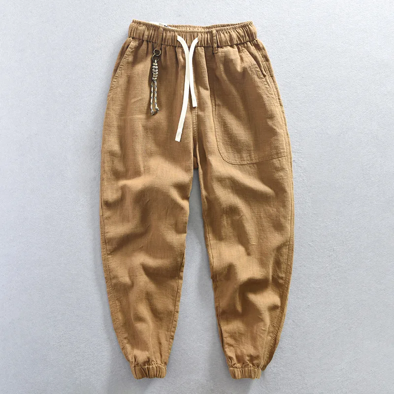 

Vintage men's linen casual pants lace-up elastic waist cotton linen solid color all tie leg pants