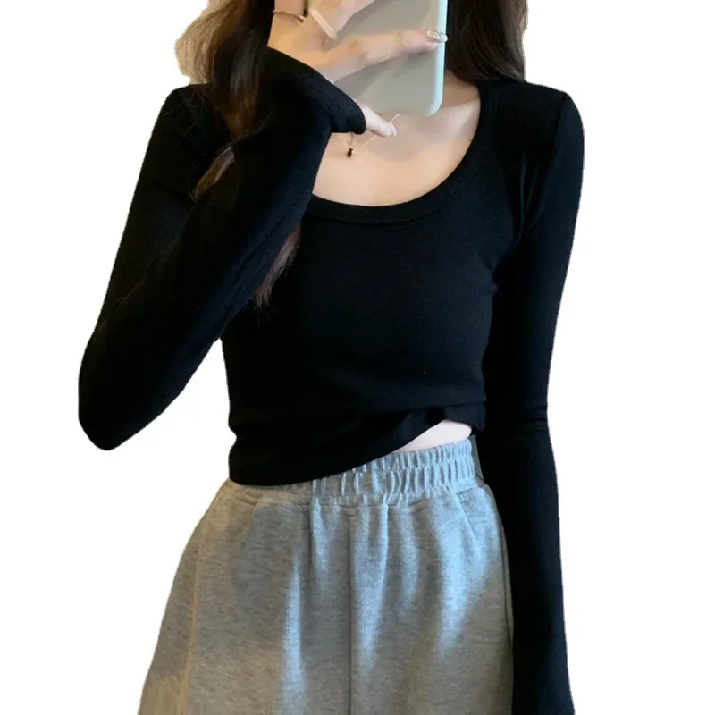 الربيع/الخريف رقيقة طويلة الأكمام تي شيرت المرأة القطن سليم سليم منخفضة طوق طماق المرأة نمط قصير داخل بلوزة على شكل حرف U