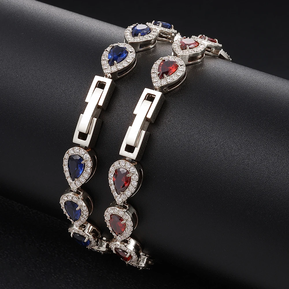 HHIOK Men Women Teardrop Halo Stainless Steel Bracelet Iced Out 7mm Red/Blue Gemstone Cubic Zirconia Waterproof Wedding Jewelry - view 4