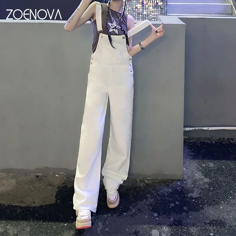 ZOENOVA Denim Straps Wide Leg Pants Summer New Age Reducing Loose Fitting Straight Leg Jeans Casual Elegant High Street Style