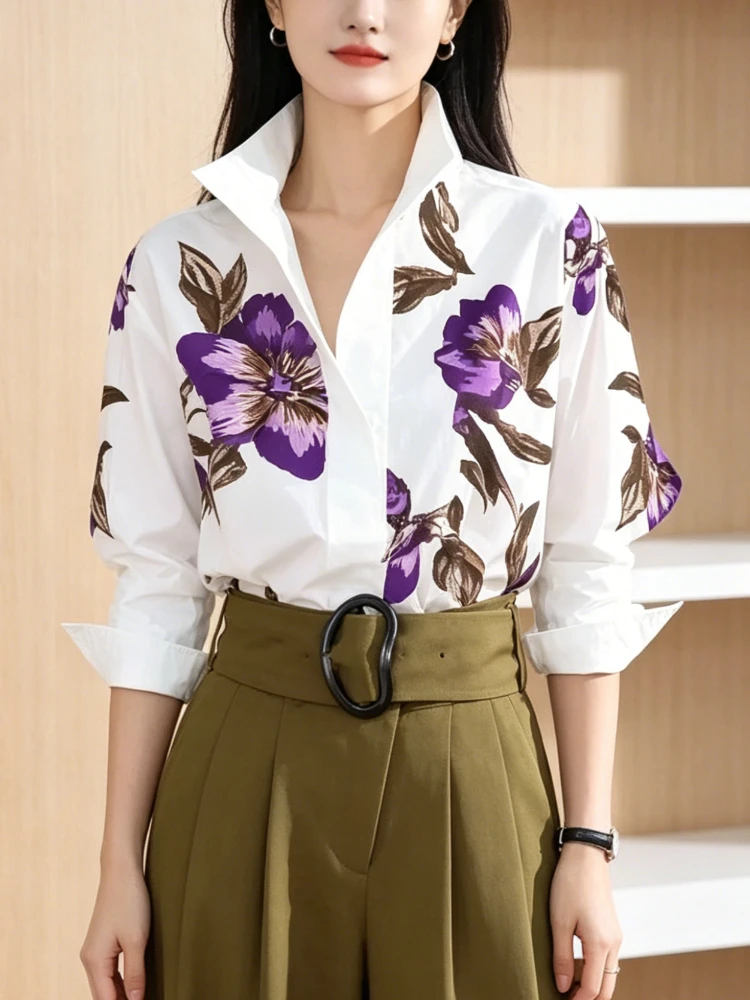 Modigirl 2025 Summer Spring Casual White Shirts for Women Long Sleeves Urban Elegant Stand Collar Woman Flower Print Blouse Tops