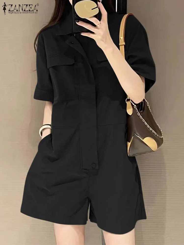 

2024 ZANZEA Fashion Women OL Work Overalls Summer Fashion Jumpsuits Rompers Lapel Neck Short Sleeve Playsuits Vintage Trousers