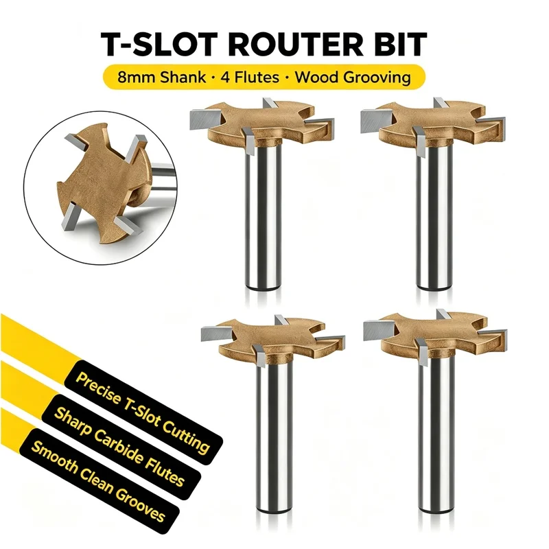 Professional 8mm Shank 4 Flute T-Slot Router Bit Large Diameter Wood Grooving Cutter