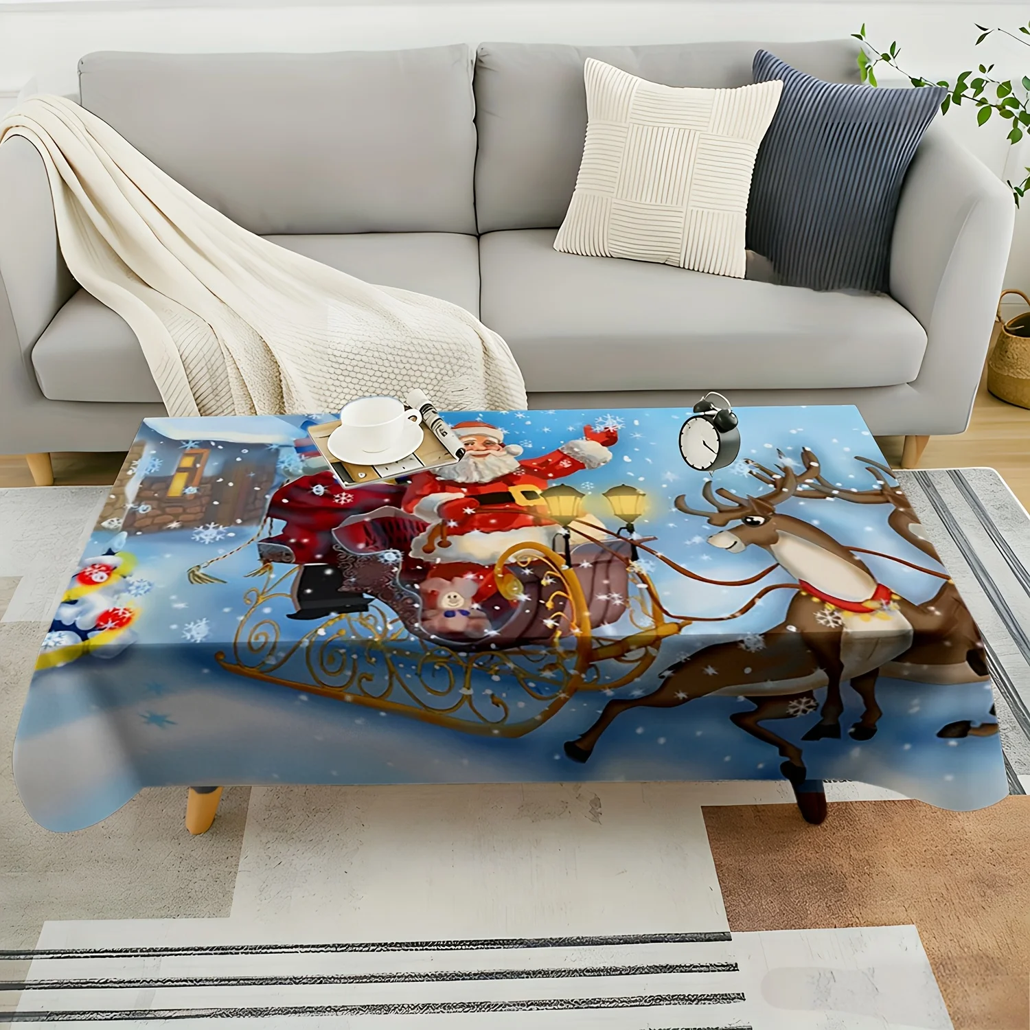 Christmas Santa Tablecloth, Reindeer Sleigh Toy Print Cover, Washable Table Cloth for Party, Fun Holiday Style Home Table Decor