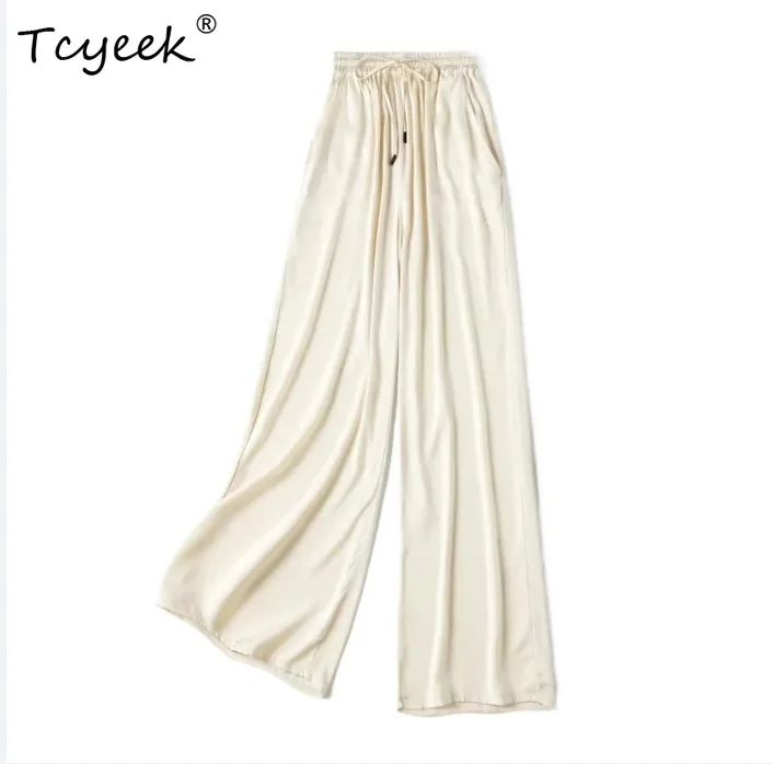 

Tcyeek 93% Real Mulberry Silk Pants Women Elastic Waist Pants Casual Wide Leg Trousers Woman Clothes Thin Style 2026 Hot Sale