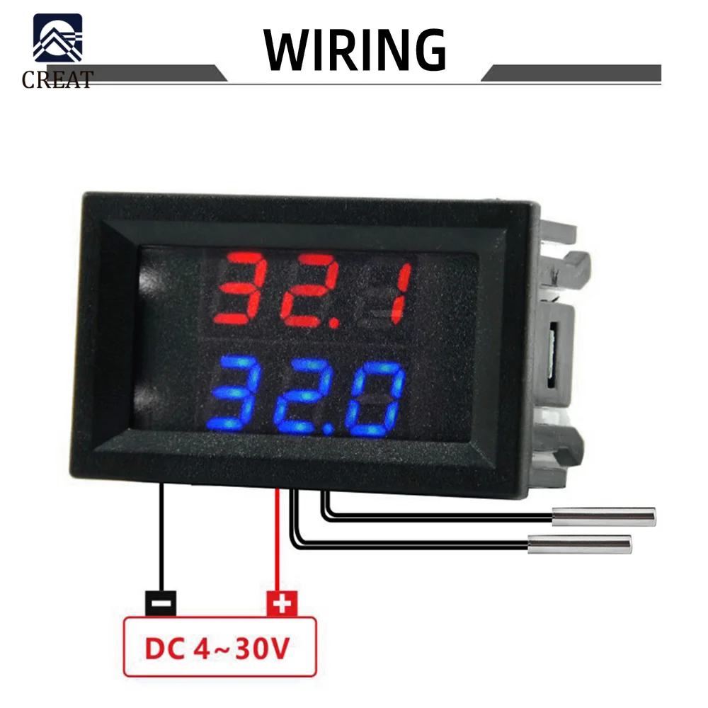 DC 4-28V LED Display Dual Red Blue Digital Temperature Sensor Thermometer With NTC Metal Probe Cable Line Length 1M