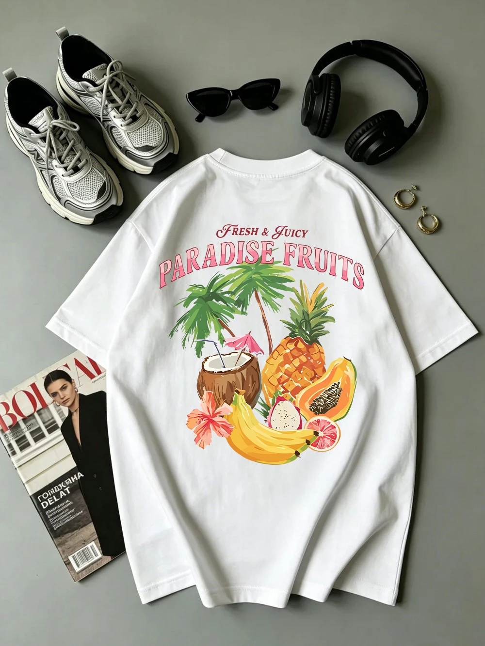 Women T-Shirt Cotton Summer Fresh Juicy Paradise Fruits Print Short Sleeve Oversized O-Neck Comfortable Tops Basic Woman Clothes