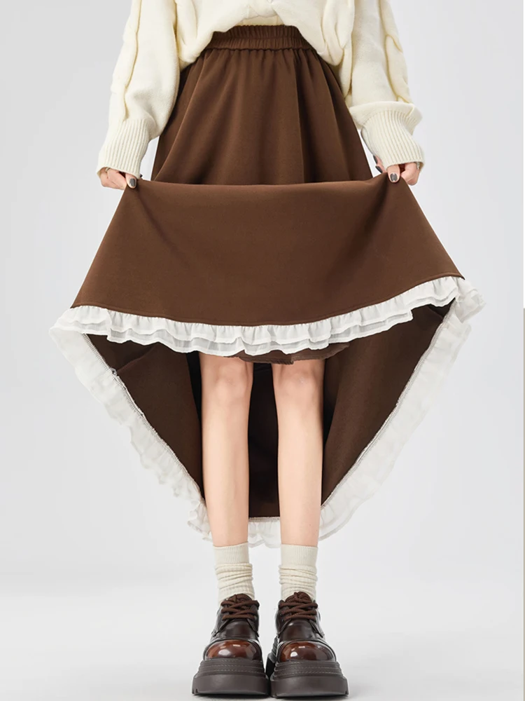 Lace Patchwork Faux Woolen Long Skirt Women Sweet Vintage High Waist Elegant Skirts Korean Preppy Style Fall Winter Casual Skirt