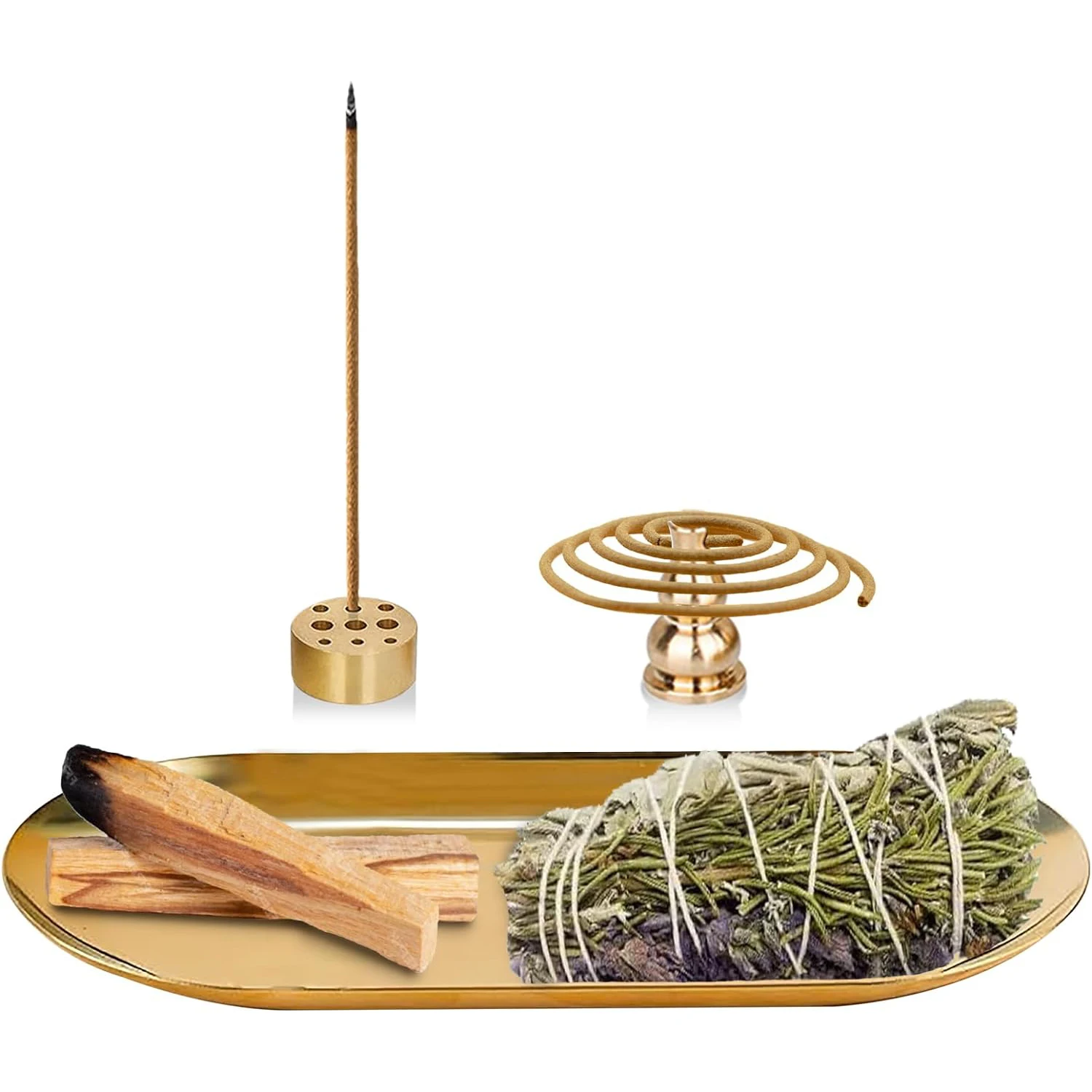 

3in1 Metal Incense Burner Brass Incense Holder Sage Palo Santo Holder with Incense Plate Ash Catcher Yoga Meditation Accessorie