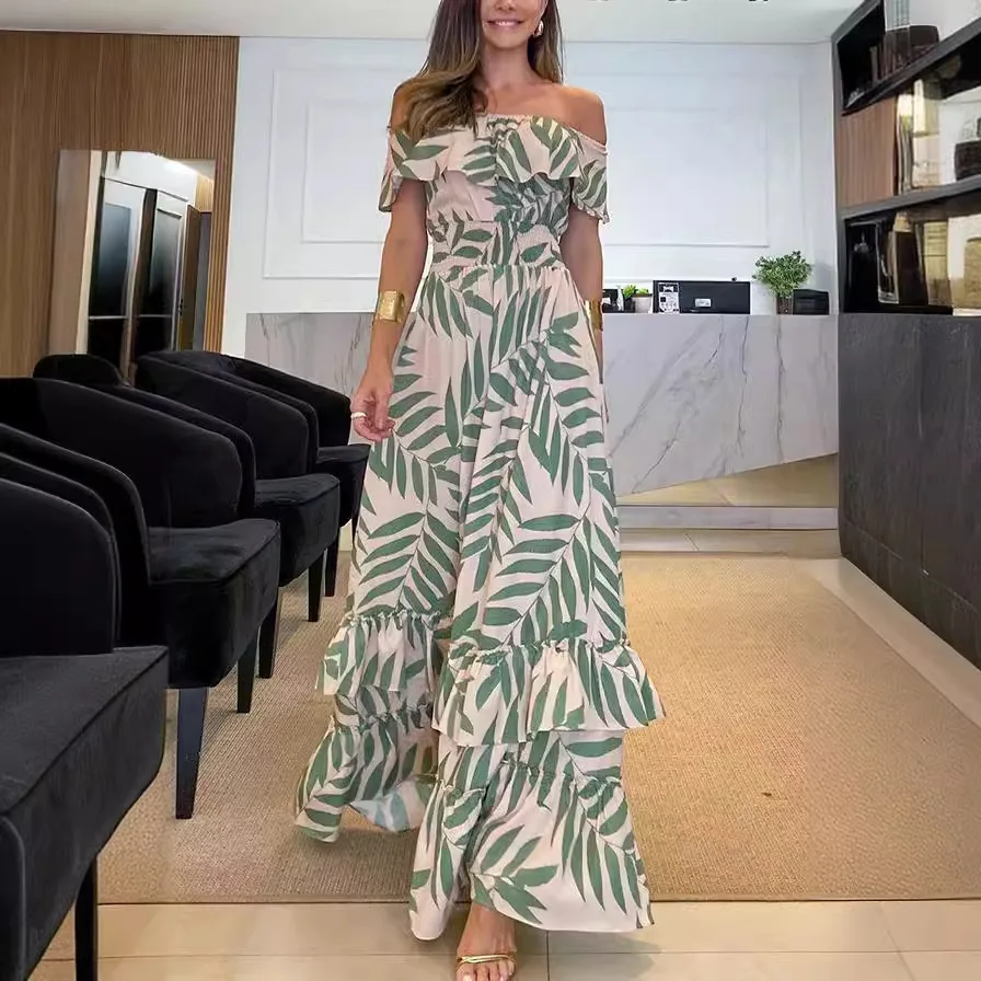 2024 Summer Off Shoulder Maxi Dress Ruffles Sexy Leaf Print Holiday Beachwear Elegant Party Dresses For Women Robes