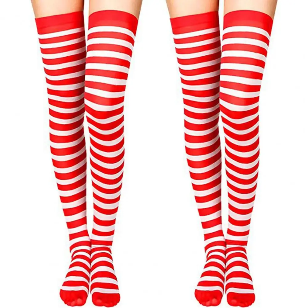 Striped Stockings Green White Striped Over Knee Stockings for Holiday Stage Performance High Elasticity Anti-slip Soft