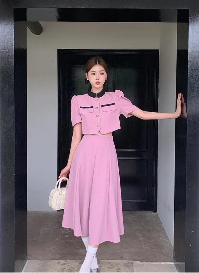 

Real Shot 2024 New Pure Desire French Chic Style Set Long Skirt High-End Feeling Pink Casual Two-Piece Set for Women Female Lady