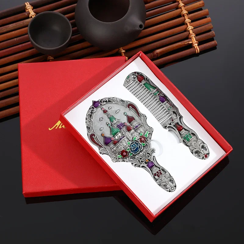 

Зеркало для макияжа, китайское винтажное зеркало с резьбой и стразами, набор расчесок с подарочной коробкой, элегантное карманное зеркало для женщин