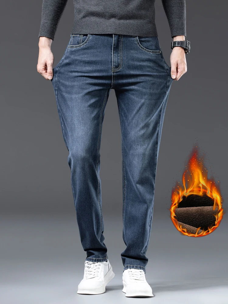 سميكة الصوف الجينز الرجال الشتاء مستقيم موضة عادية المخملية بنطلون مريح سليم العلامة التجارية الدافئة أفخم سراويل جينز #5