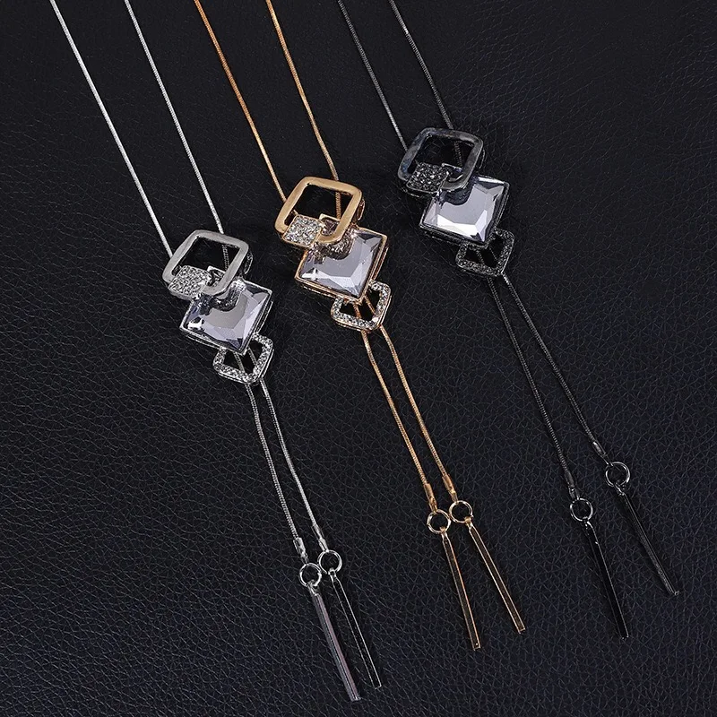 Fashion Hollow Crystal Square Pendant Sweater Necklace Silver Gold Black Color Chain Long Necklace for Women