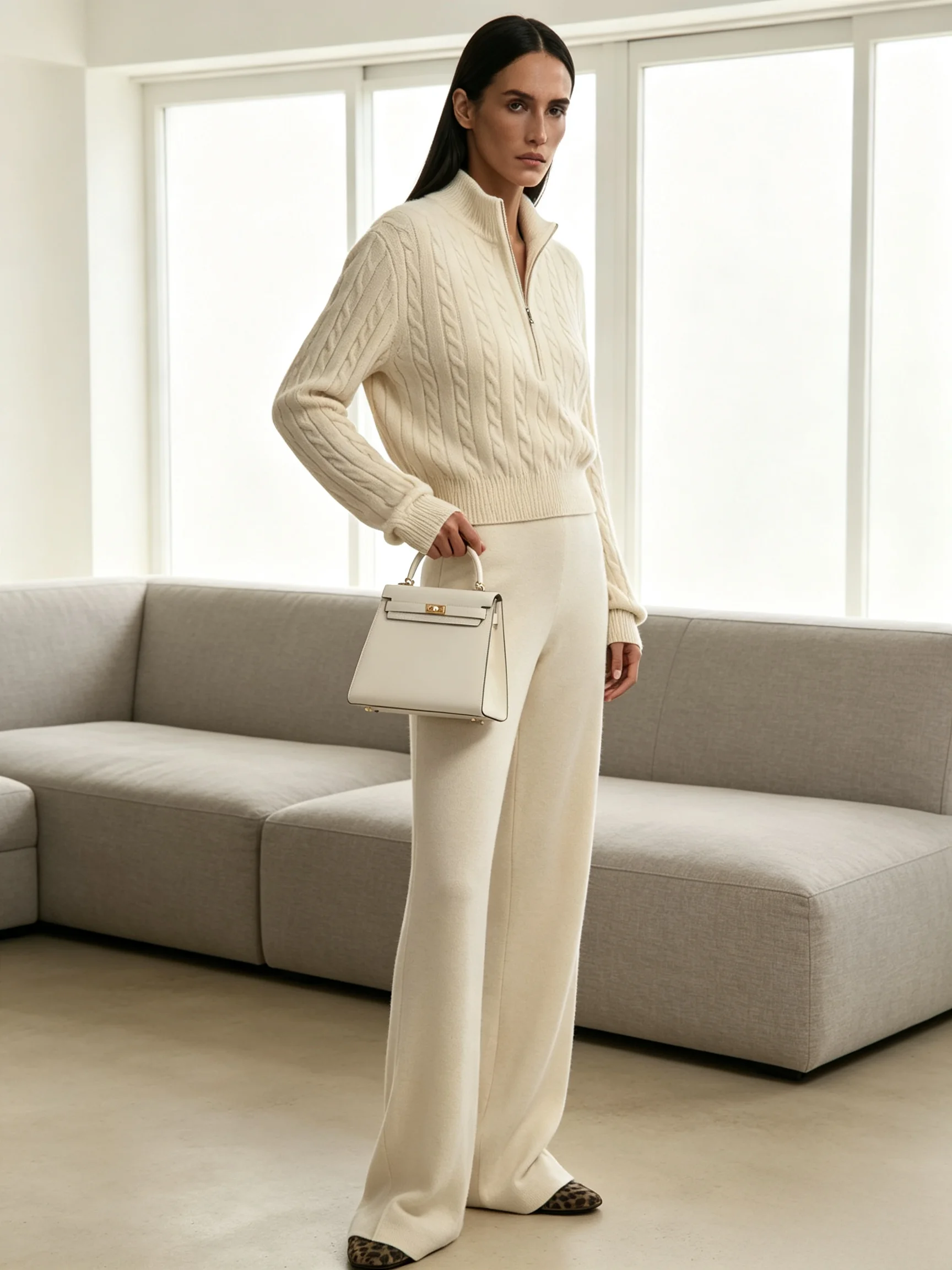 Bornladies Women's Two-piece Half Zipper Cut Design with A Long Sleeved and Long Pants Set Suitable for Casual Daily Winter Wear