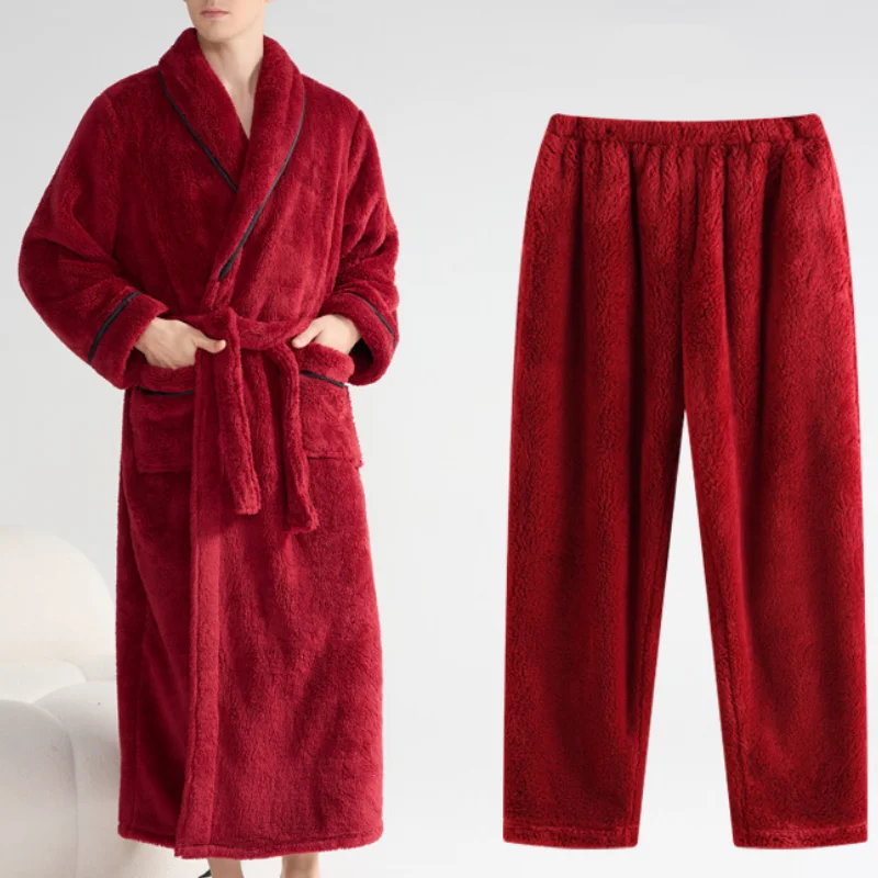 

Thicken Coral Fleece Couple Sleepwear Long Robe Autumn Winter Men's Sleepwear Loungewear Loose Warm Flannel Bathrobe Pajamas Set