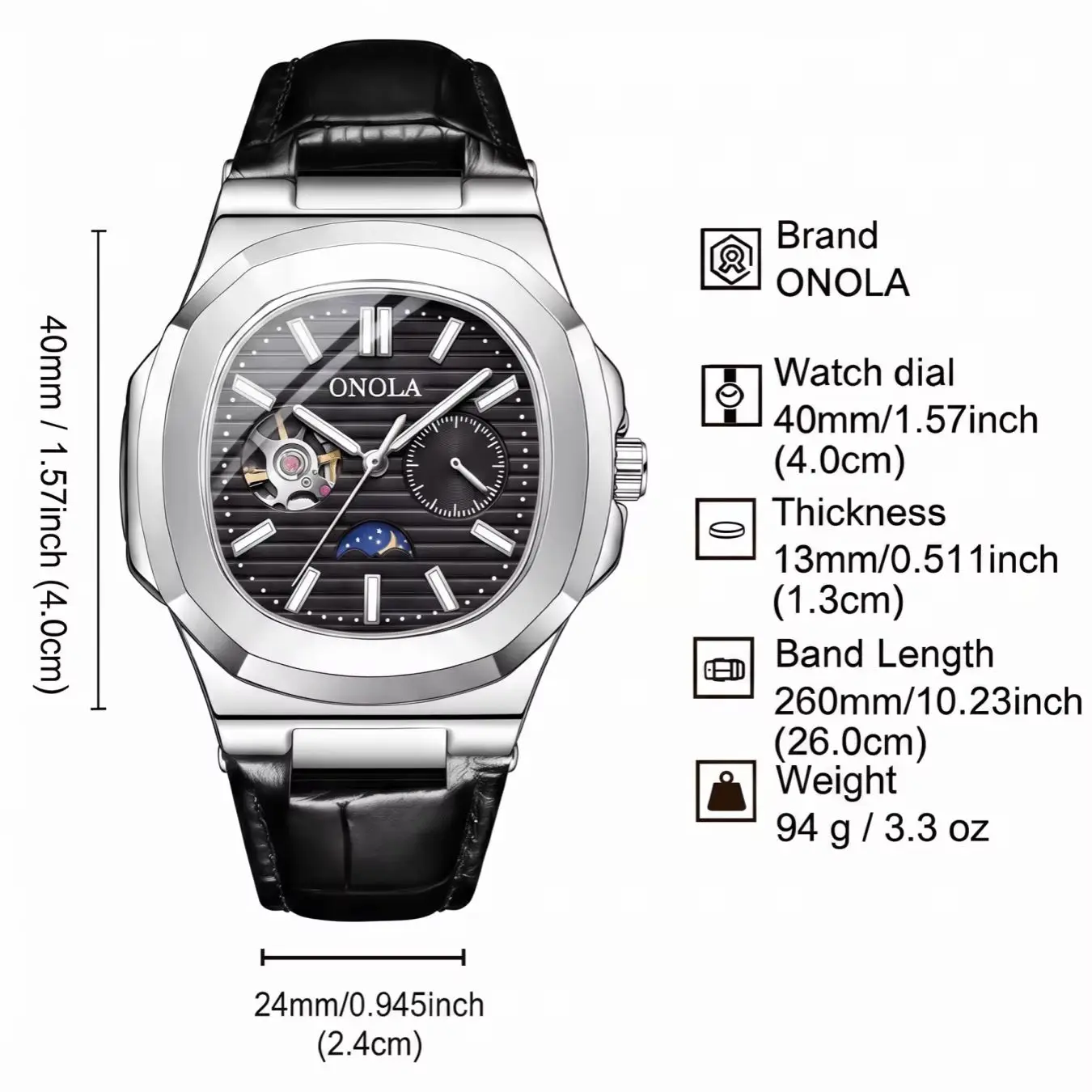 ONOLA Men's Mechanical Watch Moon Phase Display Partial Hollow Dial Fashion Business Watch Commuting Banquet, Gift for Friends