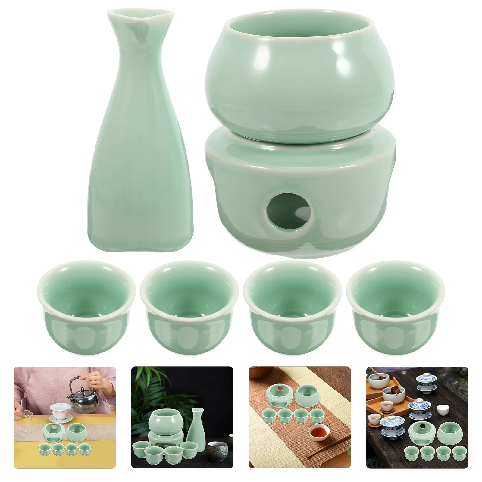 

Ceramic Sake Warmer Set Tokkuri Pot and Cups Vintage Japanese Drinkware Easy to Clean Elegant Table Decoration