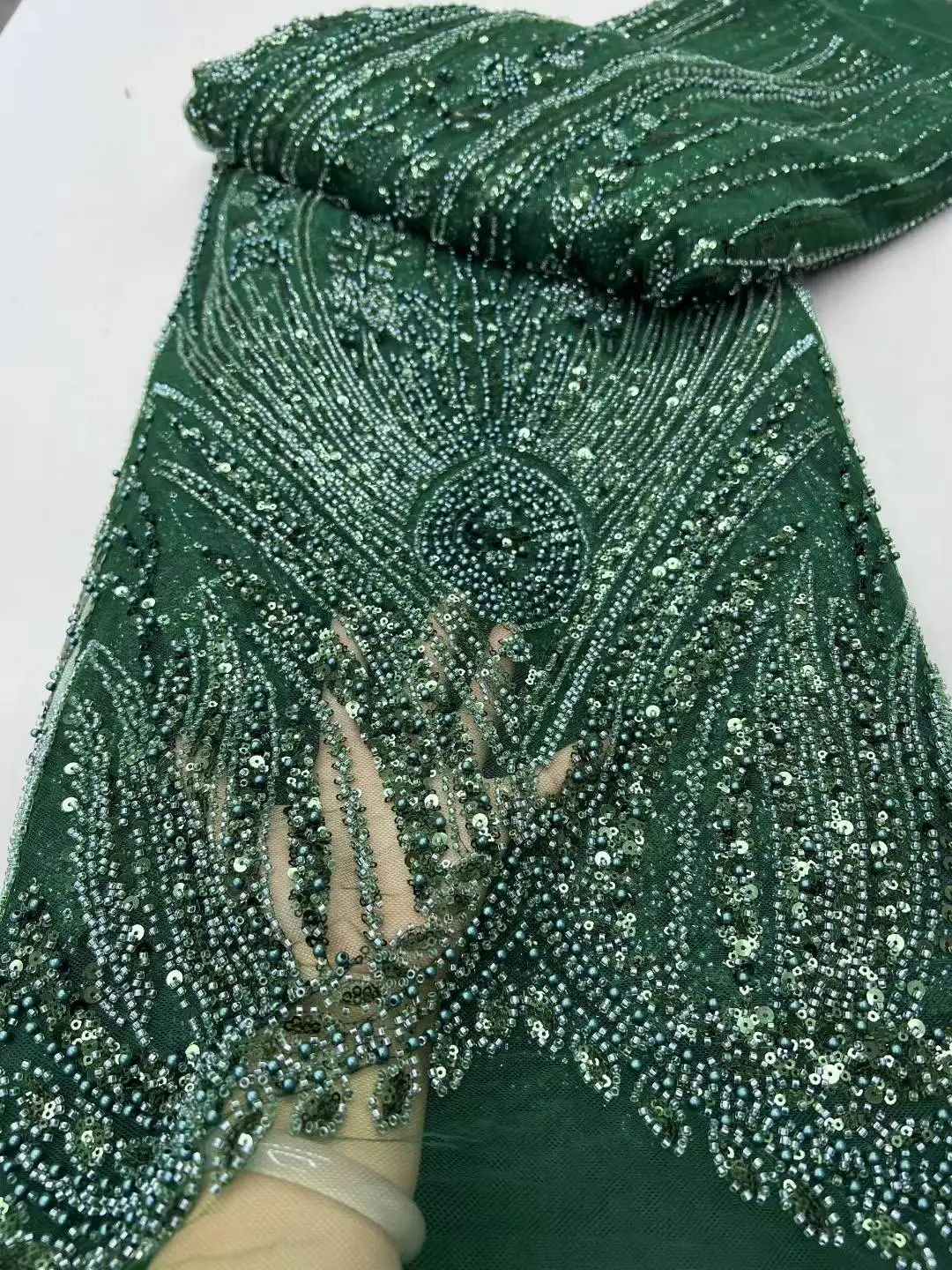 Africano frisado de alta qualidade lantejoulas nigerianas com renda pérola tecido renda tule francês para vestido festa costura