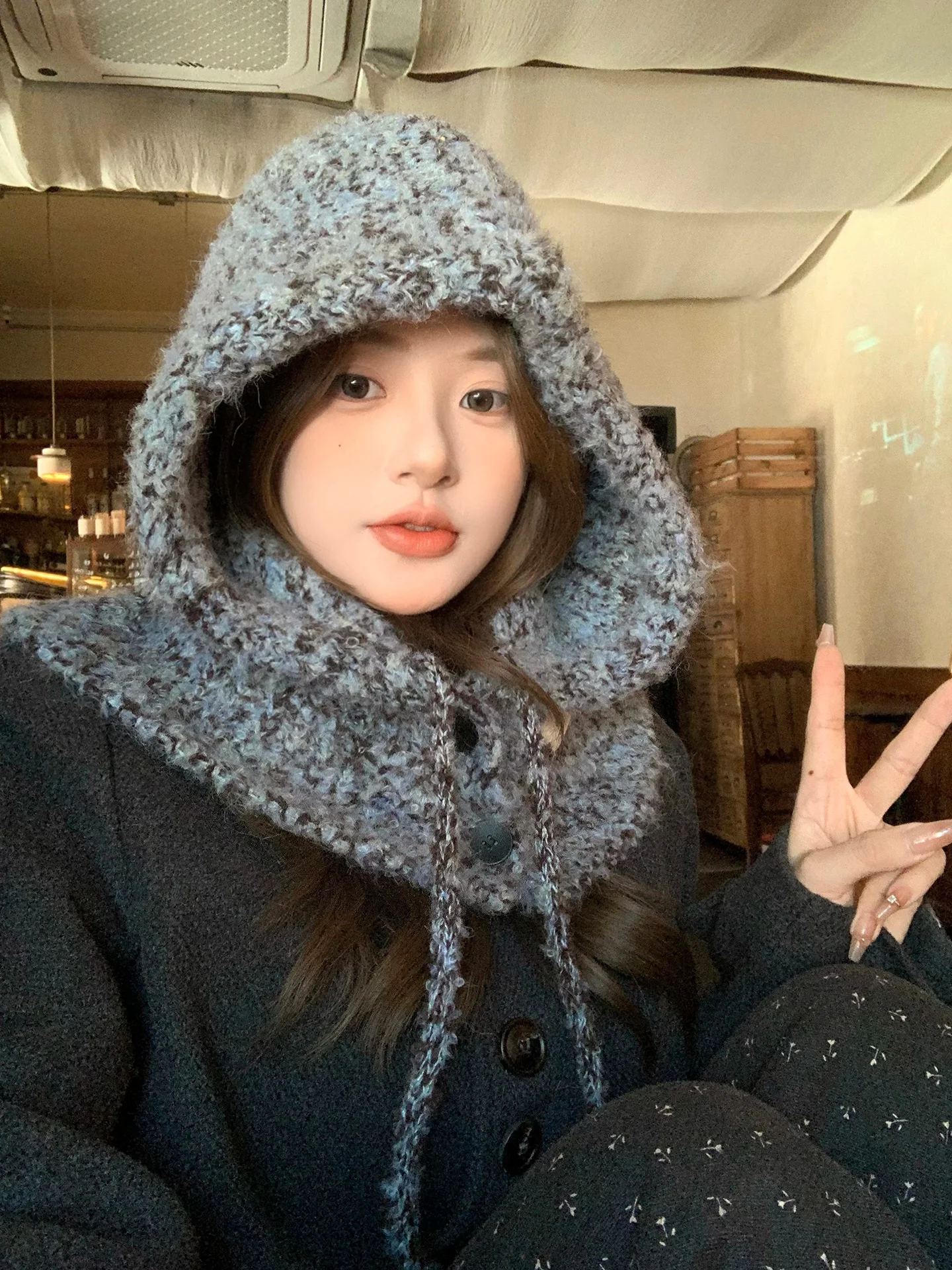 Korean Style Large Head Size Mixed Color Balaclava Hat Women's Winter Thick Warm Woolen Hat Ear Protection Hooded Scarf