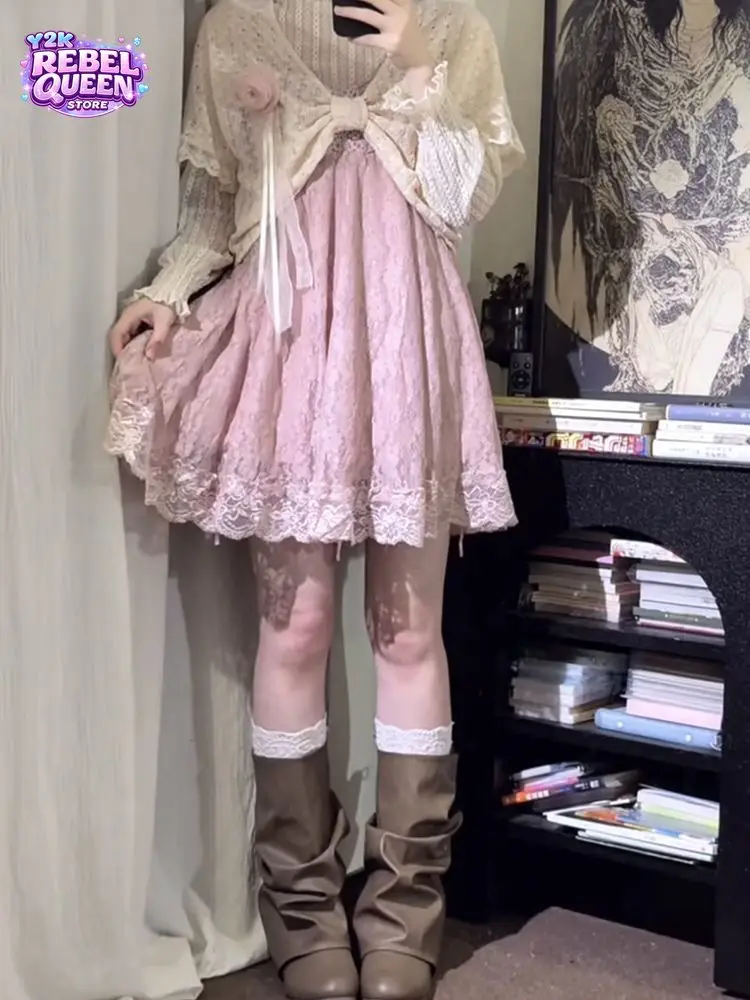 Japanese Vintage Sweet Dress Set Women Lace Bow Ruffle Ruched Waist Long Sleeve Cropped Cardigan Slim Fit Mini Dress Elegant