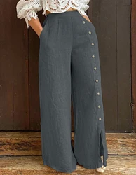 Plus Size Women Fashion Elastic Waist Pocket Wide Leg Pants Casual Solid Loose Female Elegant All-Match Long Trousers