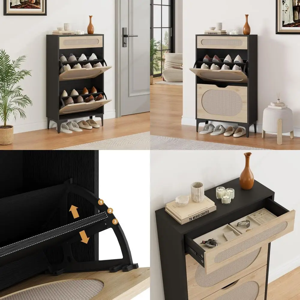 

Шкаф для хранения обуви из ротанга с откидными ящиками и выдвижными секциями, металлические ножки, регулируемые полки, компактный органайзер для прихожей, черный