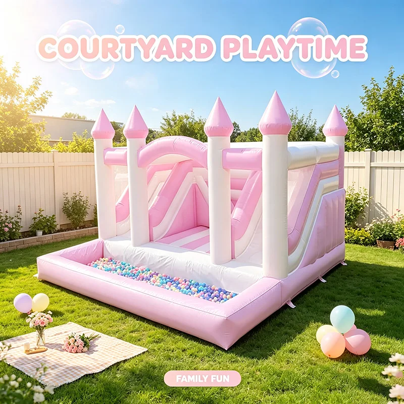 Inflatable Pink Princess Bounce House Castle, Jumping Unit with Ball Pit Slide Pool for Kids Outdoor Party Entertainment