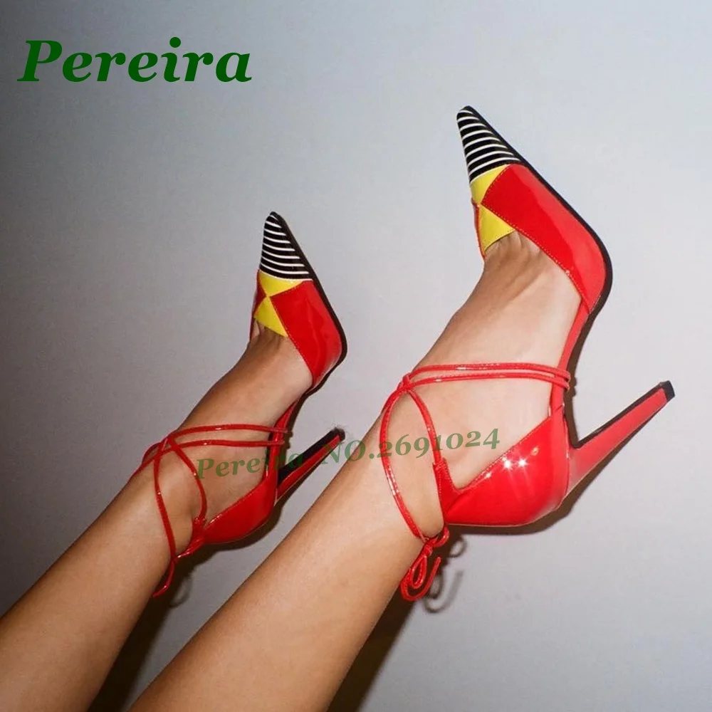Colorblock Strappy Lace-Up Pumps Pointed Toe Thin High Heels Patchwork Women's Pumps Stiletto Splicing Runway Shoes Luxury Sexy