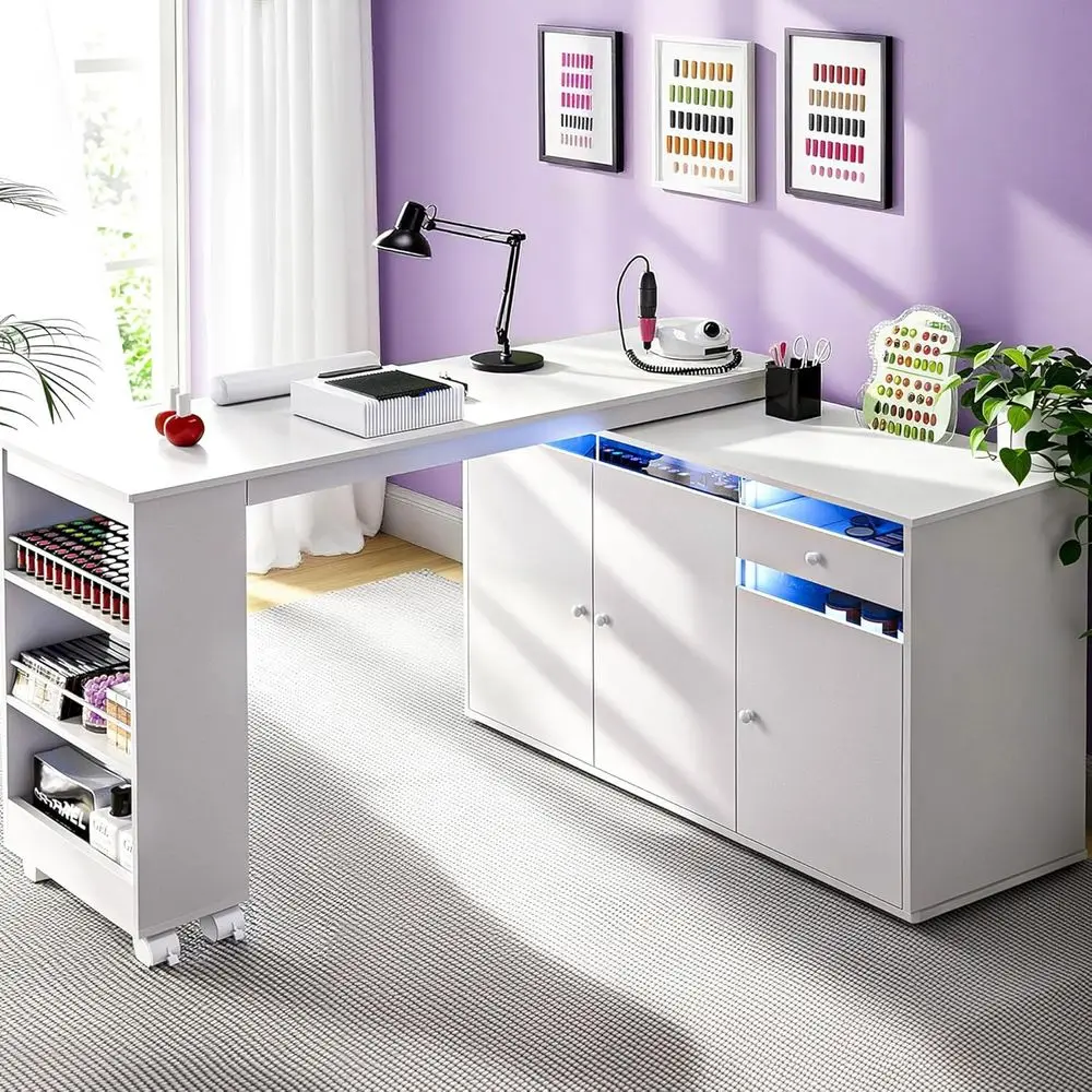 

Маникюрный стол в форме с пылесборником, стол Nail Tech со шкафом для хранения, ящиком, вращающейся и трансформируемой рабочей станцией для ногтей