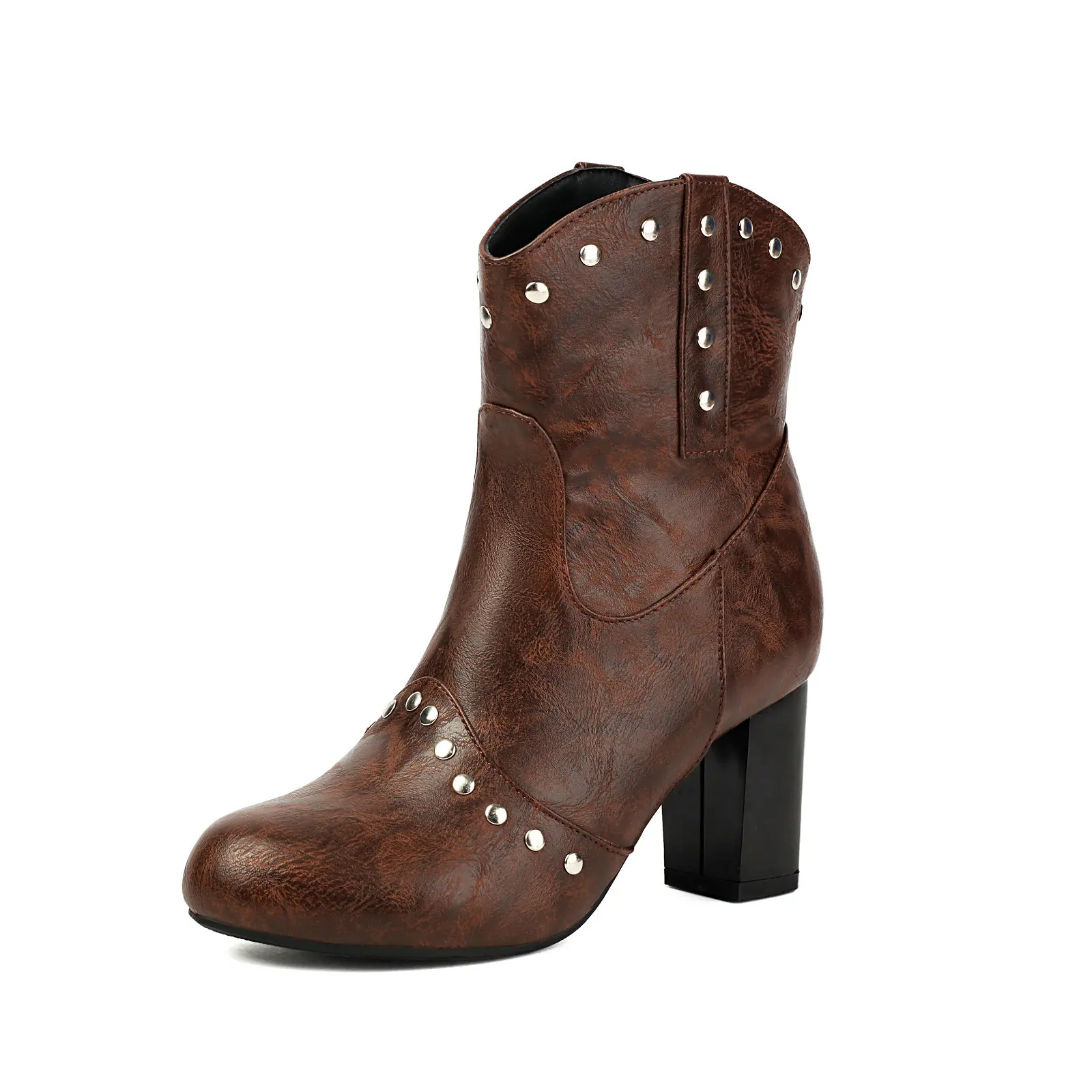 

Ankle Heels Boots for Women Studded Rivets Retro Cowboy Style Booties 2025 Fall Winter Shoes