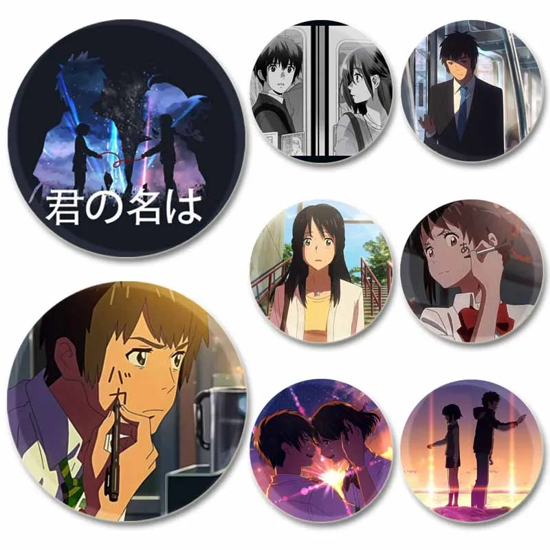 Hot Anime Character Tachibana Taki Miyamizu Mitsuha Cute Cartoon Badge Handmade Tinplate Brooches Round Display Brooches Gifts