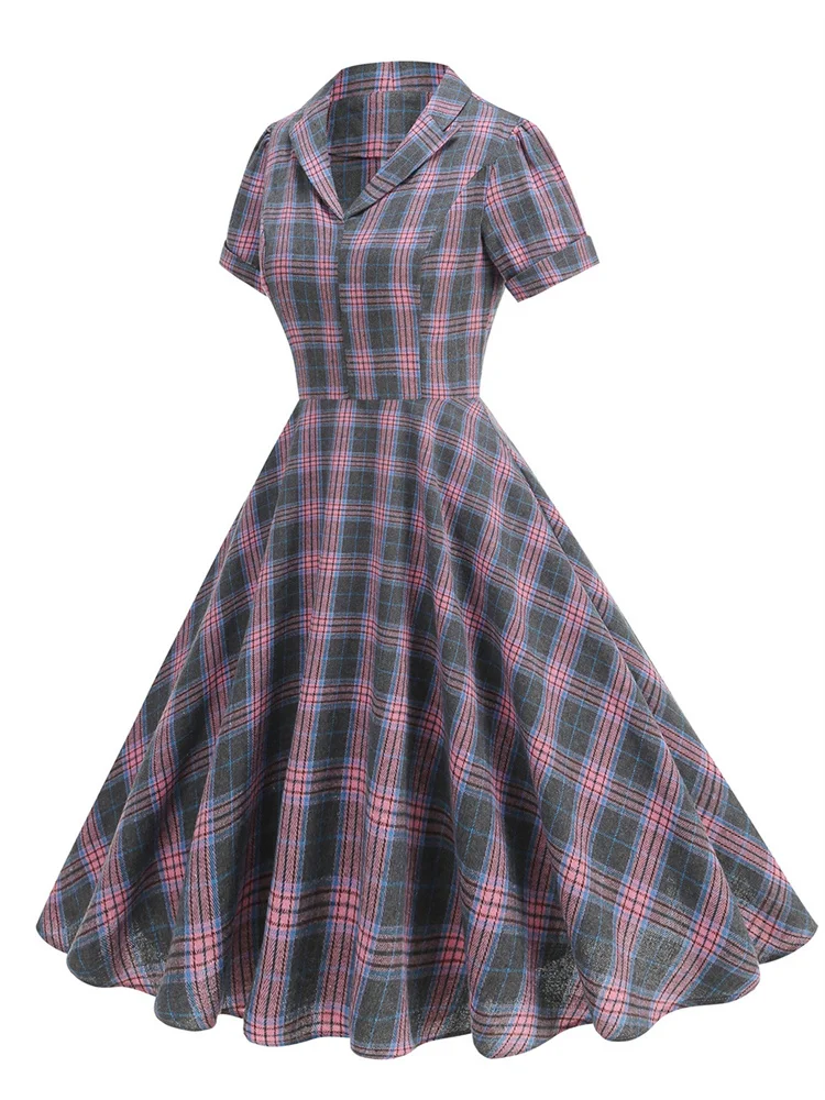 Sukienka midi w stylu angielskim z nadrukiem w kratę, vintage, retro, elegancka, codzienna, z krótkim rękawem, tunika koszulowa, sukienka wieczorowa z wybiegu, jesień 2025.