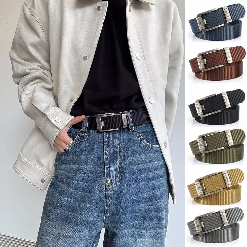 Retro Letter Men Nylon Alloy Belt Non-porous Versatile Pin Buckle Belt Wear-resistant Thicken Casual Belts Waist Accessories