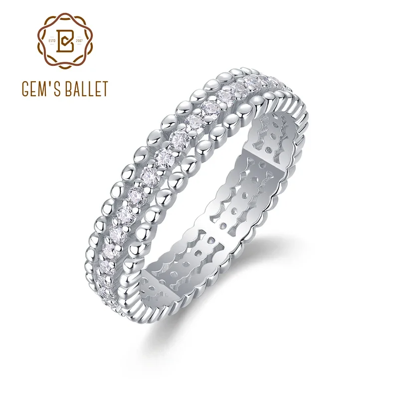 

GEM'S BALLET ELEGANT 925 Sterling Silver Round Cut Moissanite Wedding Band for Women Stackable Full Eternity Ring Wedding Ring